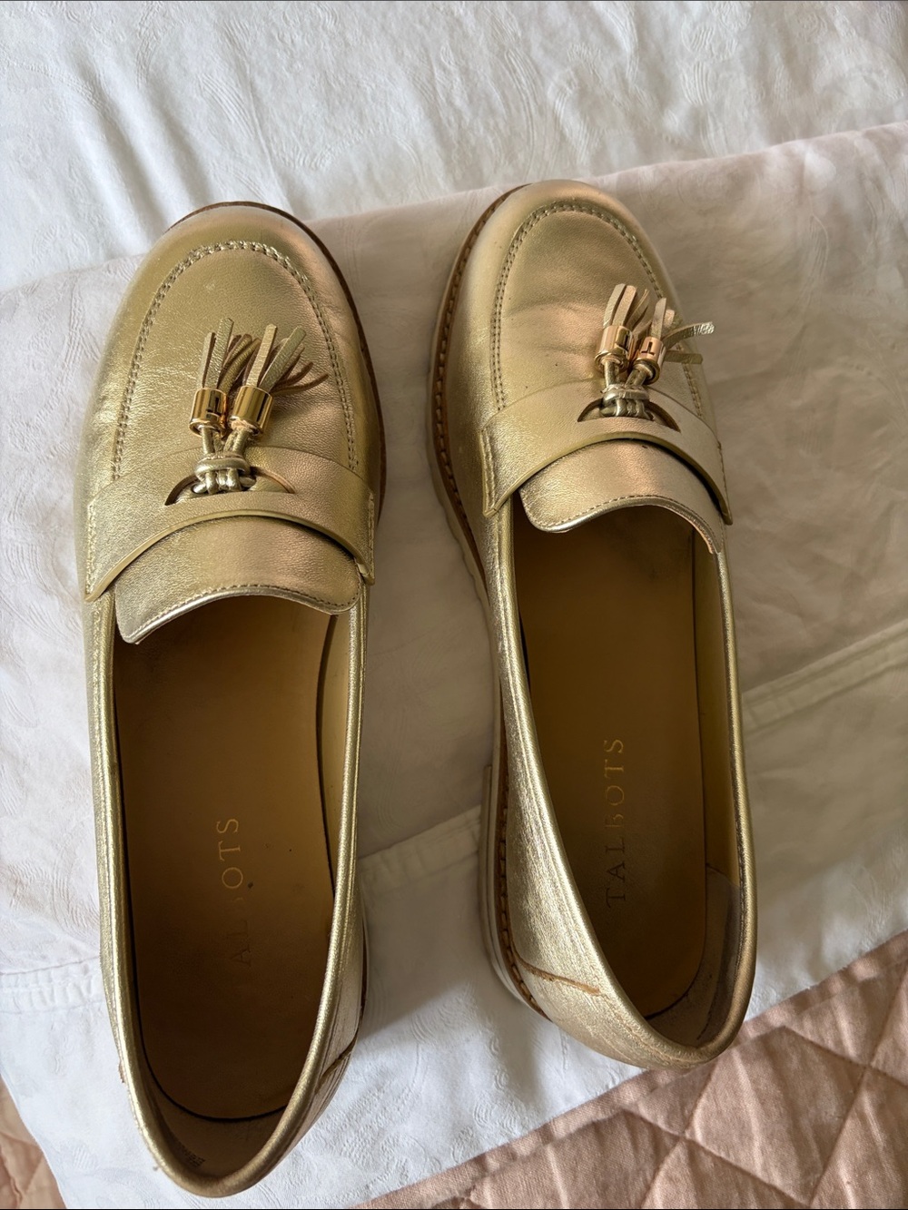 Talbots Metallic Gold Tassel Penny Loafers